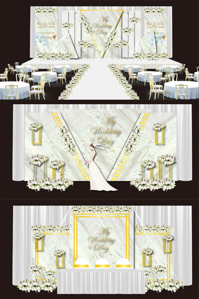 小清新白色大理石纹理婚礼舞台签到迎宾区效果图ai模板设计素材