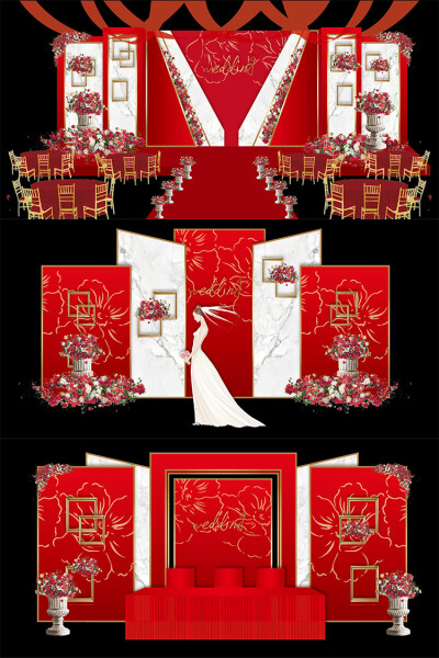 欧式红白色大理石婚礼舞台签到迎宾区ai效果图模板设计素材
