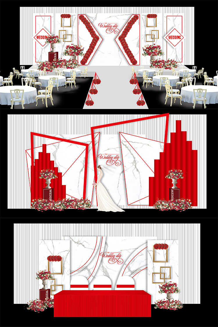 简约欧式红白色大理石婚礼舞台签到迎宾区效果图ai模板设计素材