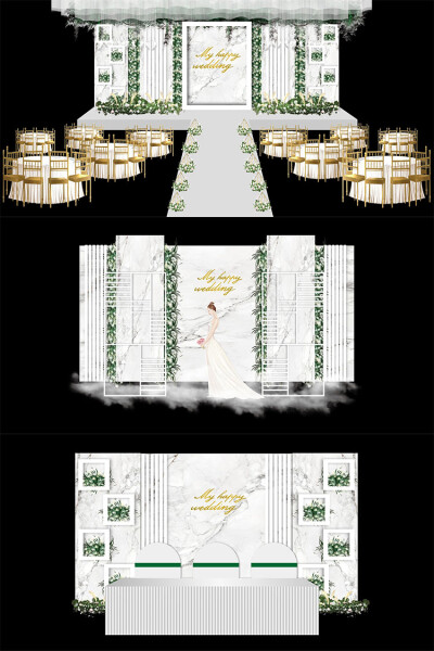 森系白绿色大理石婚礼婚礼舞台签到迎宾区ai效果图模板设计素材