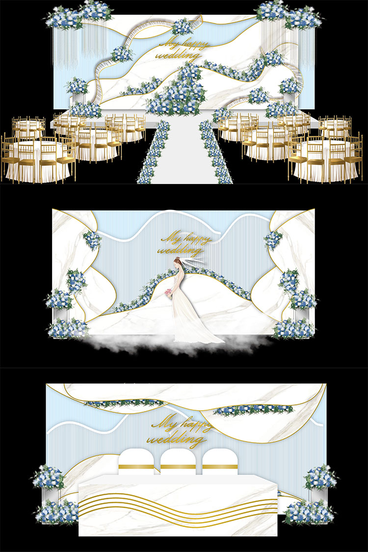 蓝色小清新大理石欧式婚礼舞台签到迎宾区ai效果图模板设计素材
