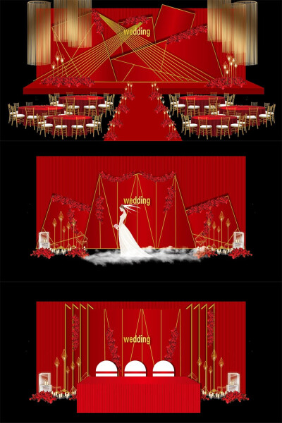 简约红金奢华大气欧式婚礼舞台布置签到迎宾区效果图模板设计素材