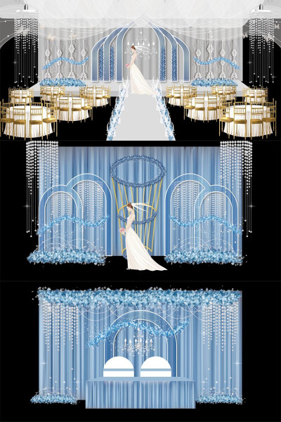 蓝色梦幻欧式婚礼舞台布置迎宾签到区ai效果图模板设计素材