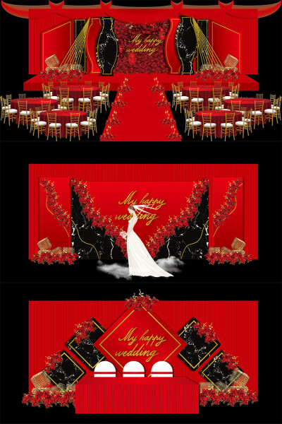 红金色欧式大理石婚礼舞台签到迎宾区ai效果图模板设计素材