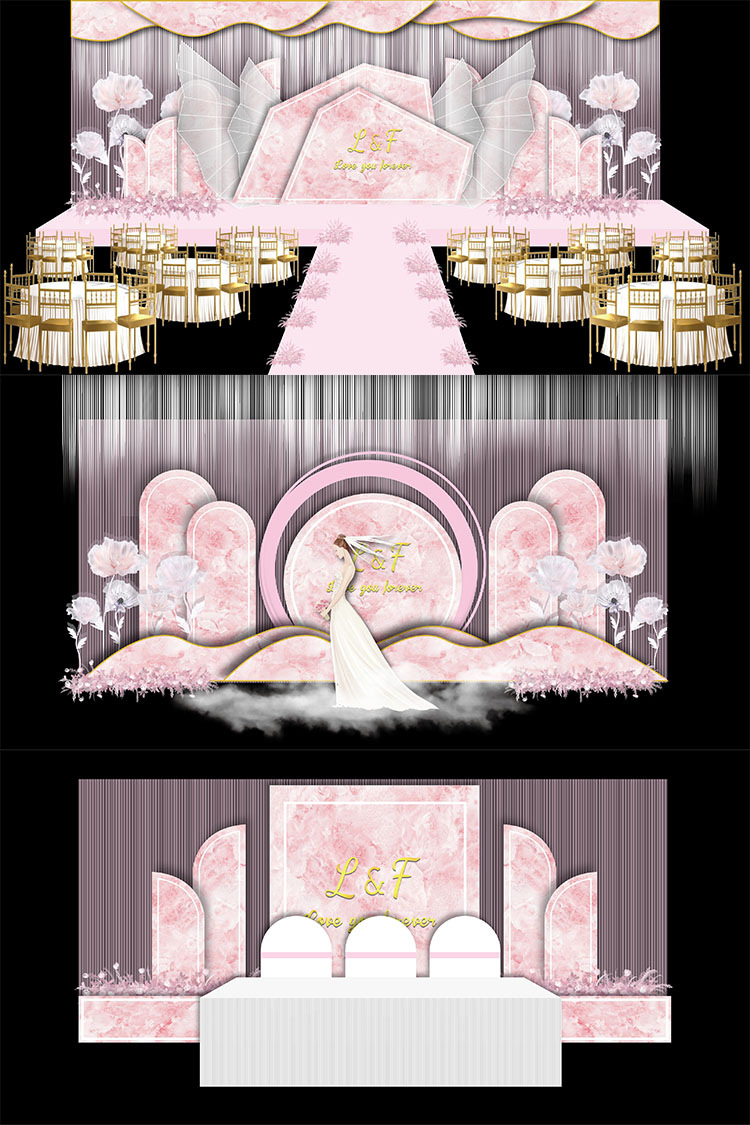 粉色欧式大理石婚礼舞台签到迎宾区ai效果图模板设计素材
