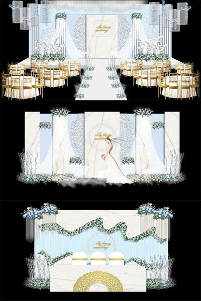 小清新蓝色大理石婚礼舞台布置签到迎宾区ai效果图模板设计素材