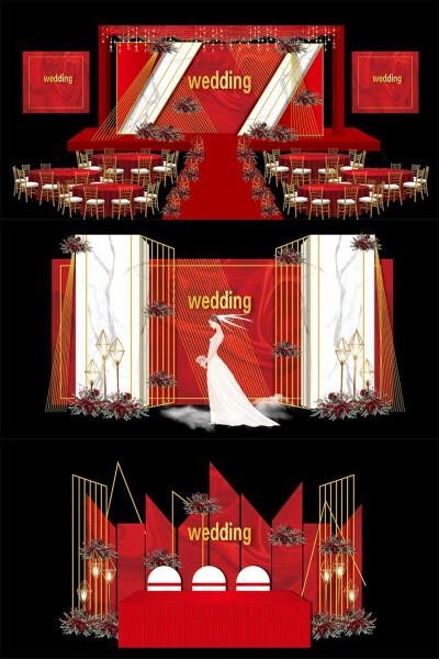 红金欧式奢华大理石婚礼舞台布置签到迎宾区ai效果图模板设计素材