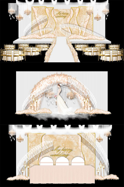 香槟色唯美欧式婚礼舞台布置签到迎宾区ai效果图模板设计素材
