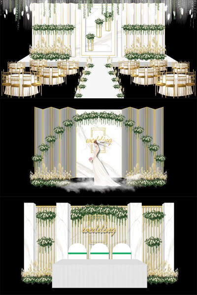 简约白绿色森系大理石婚礼舞台布置迎宾签到区ai效果模板设计素材
