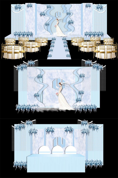 蒂芙尼蓝大理石纹理婚礼舞台布置签到迎宾区ai效果图模板设计素材