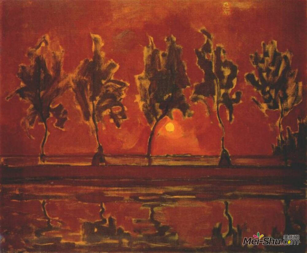 皮特·蒙德里安(Piet Mondrian)高清作品《Trees by the Gein at Moonrise》