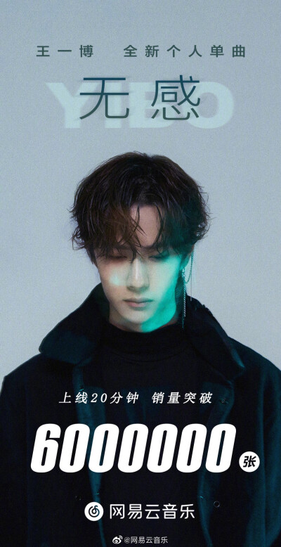 网易云音乐：​​​歌手@UNIQ-王一博 携单曲《无感》重磅来袭！上线20分钟，销量突破600w张！[憧憬]http://t.cn/AiFNsZvK
“无感是将伤害最好的回击”，“无感赐我勇敢的心不畏惧”……每一句歌词都在回应遇到的…