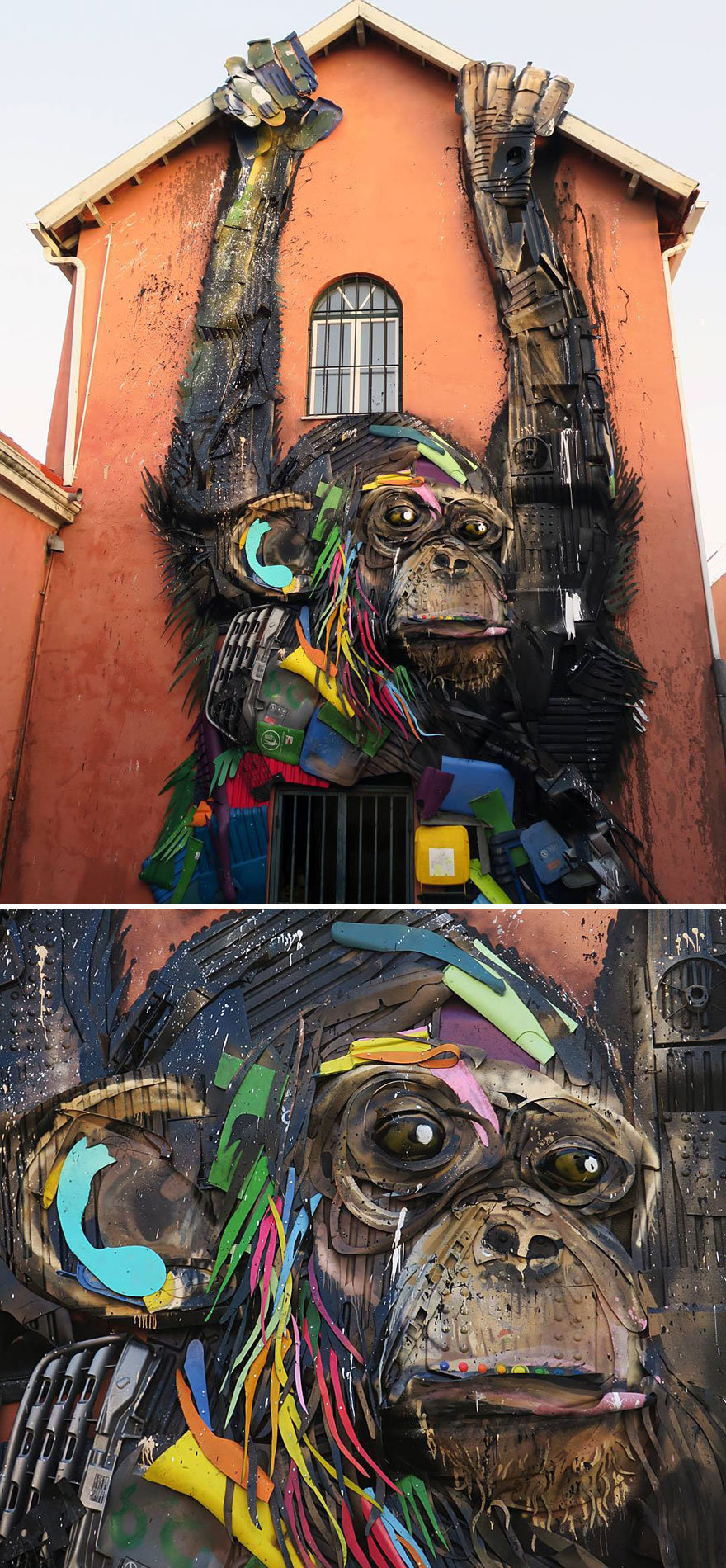 艺术家Artur Bordalo 将捡来的垃圾变成巨大的动物雕塑，希望可以提高人们的环保意识。