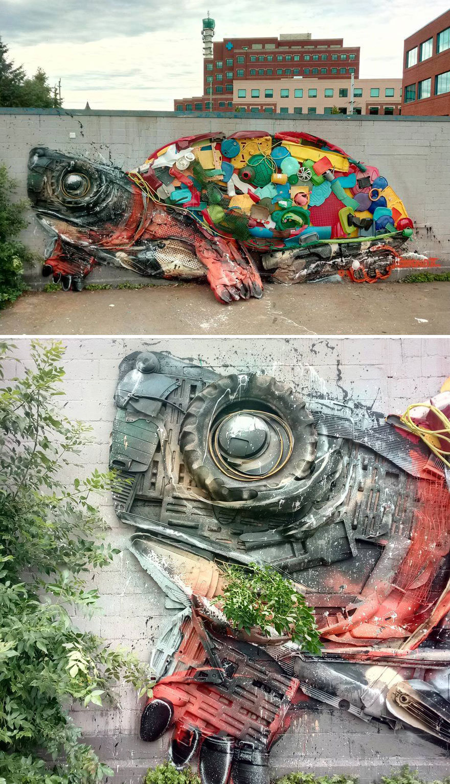 艺术家Artur Bordalo 将捡来的垃圾变成巨大的动物雕塑，希望可以提高人们的环保意识。