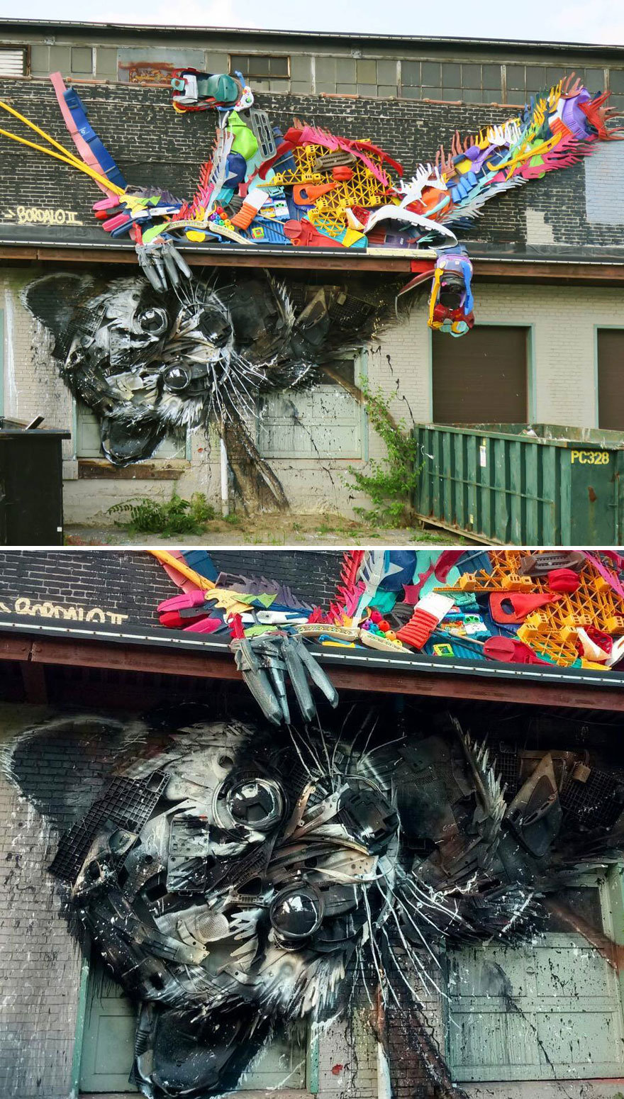 艺术家Artur Bordalo 将捡来的垃圾变成巨大的动物雕塑，希望可以提高人们的环保意识。