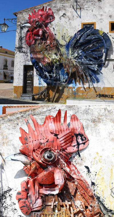 艺术家Artur Bordalo 将捡来的垃圾变成巨大的动物雕塑，希望可以提高人们的环保意识。