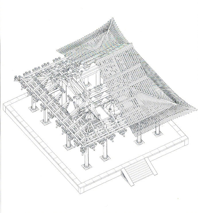 宁波保国寺大殿，建于大中祥符六年，即公元1013年，距今千年有余，为江南地区最古老的木构建筑，下为其建筑整体回归复原模型，展现了保国寺大殿北宋原貌及各部分形制特点，原刊载于东南大学建筑研究所著《宁波保国寺大殿--勘测分析与基础研究》一书。via：中國古建設計