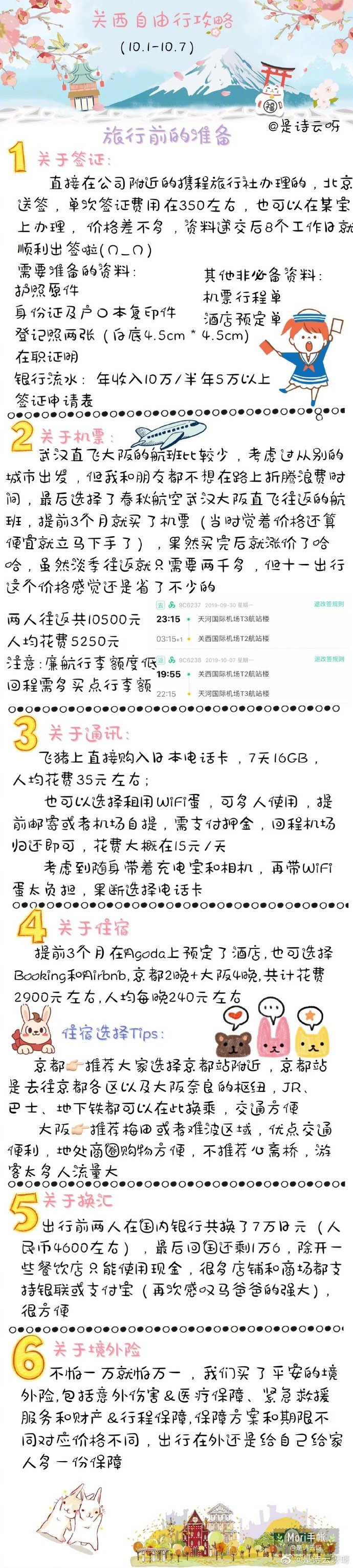 日本关西7天自由行分享来自：是诗云呀呀和好朋友约了一年的日本旅游终于实现了 拍了好多好看的照片 超开心的！从日本回来已有一个多月的时间 朋友一直在催攻略 这两天终于得空整理完了 有计划去旅行的朋友们可以参考下P1-P2 旅行前的准备P3 京都：三千院-鸭川公园-八坂神社P4 京都：三年坂二年坂-清水寺（体验） 京都：伏见稻荷大社-大阪P5 大阪环球影城USJP6 梅田商圈-心斋桥购物P7 通天阁-奈良-道顿堀P8 梅田商圈-机场-返程P9 关西美食推荐