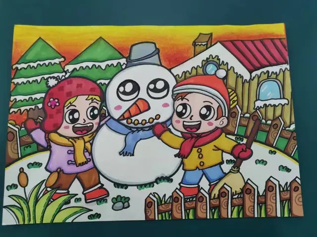 幼儿园冬天的画雪景图片