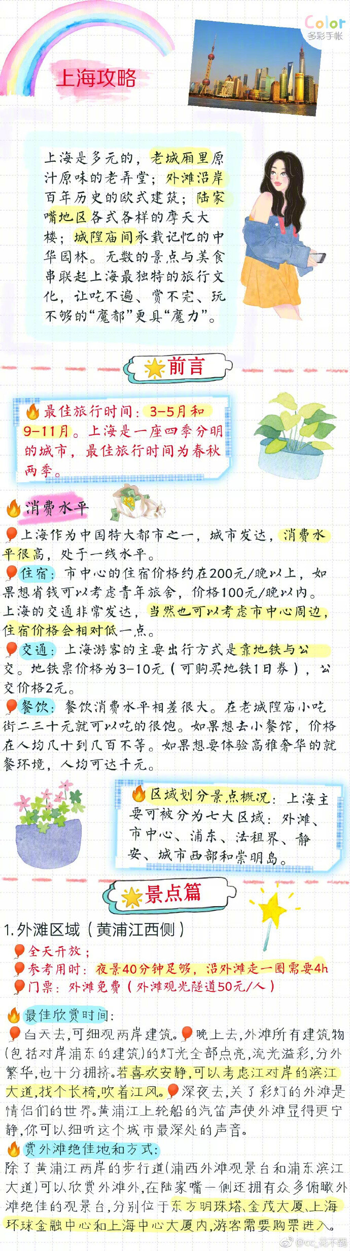 【超详细上海攻略】上海要写的详细真的是太！累！了！大大小小几十个景点！个人觉得有很多景点可以不考虑去的，主要是感受一下魔都的魅力 上海的什么博物馆啊科技馆啊各种馆特别多，选一两个感兴趣的就可以啦作者：cc_花不羁