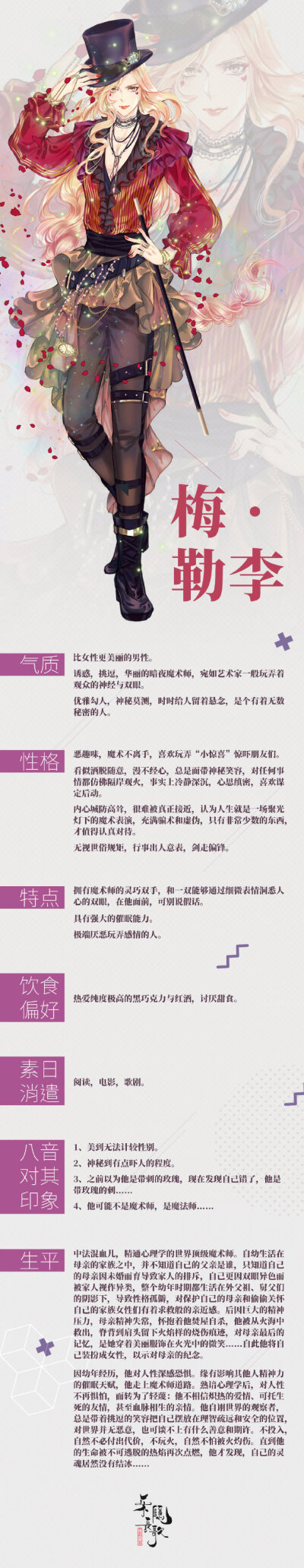 【乐隐长歌】
现代人设情报公开【梅勒·李】
——起初以为他是带刺的玫瑰，后来才发现他是带玫瑰的刺

