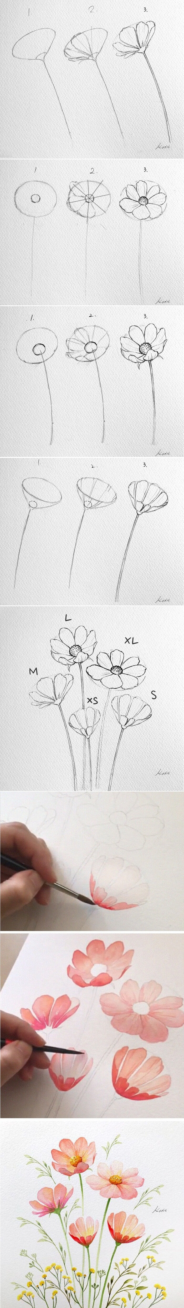 化繁为简，轻松三步教你绘制任何想要的花 ~ 韩国艺术家Kate Kyehyun Park简洁水彩绘画教程。