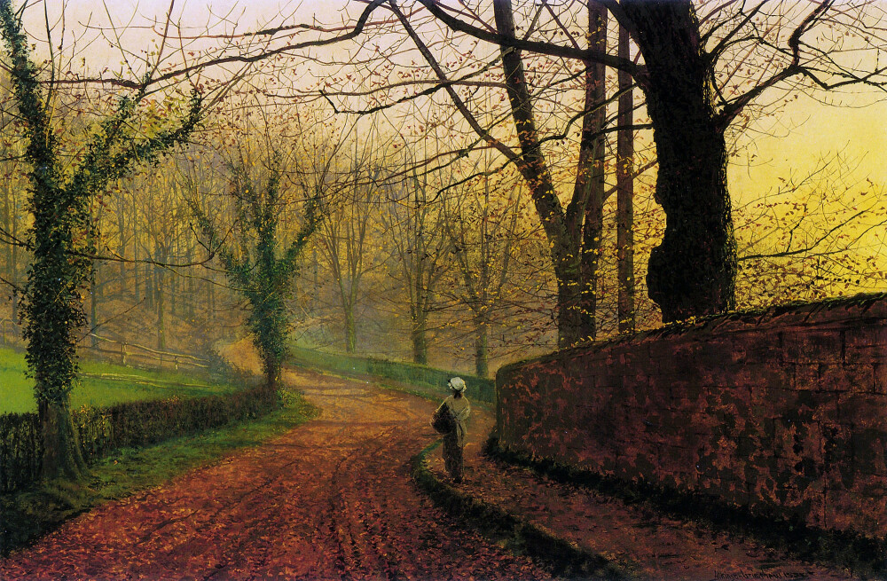 John Atkinson Grimshaw（1836-1893）是一位维多利亚时期的画家，因其美丽的夜景而备受赞誉。他用画笔记录了维多利亚时代晚期工业风景，喜欢画伦敦、利物浦和利兹等英国城市，作品以黄昏、雾、雨和煤气灯为主调，用温暖、浪漫的光线描绘街道、码头等风景——