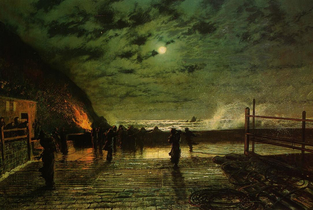 John Atkinson Grimshaw（1836-1893）是一位维多利亚时期的画家，因其美丽的夜景而备受赞誉。他用画笔记录了维多利亚时代晚期工业风景，喜欢画伦敦、利物浦和利兹等英国城市，作品以黄昏、雾、雨和煤气灯为主调，用温暖、浪漫的光线描绘街道、码头等风景——