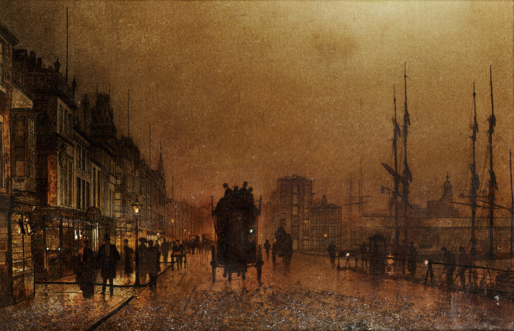 John Atkinson Grimshaw（1836-1893）是一位维多利亚时期的画家，因其美丽的夜景而备受赞誉。他用画笔记录了维多利亚时代晚期工业风景，喜欢画伦敦、利物浦和利兹等英国城市，作品以黄昏、雾、雨和煤气灯为主调，用温暖、浪漫的光线描绘街道、码头等风景——