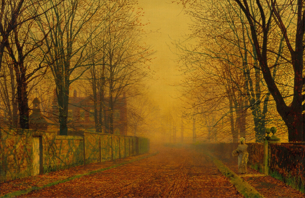 John Atkinson Grimshaw（1836-1893）是一位维多利亚时期的画家，因其美丽的夜景而备受赞誉。他用画笔记录了维多利亚时代晚期工业风景，喜欢画伦敦、利物浦和利兹等英国城市，作品以黄昏、雾、雨和煤气灯为主调，用温暖、浪漫的光线描绘街道、码头等风景——