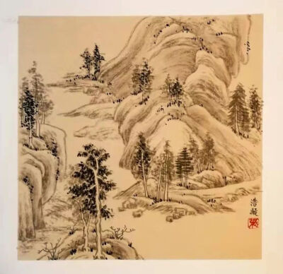 ▲
作品：《仿古人山水（湖山春意）》
尺寸：  边长33*33厘米，画心直径27厘米
