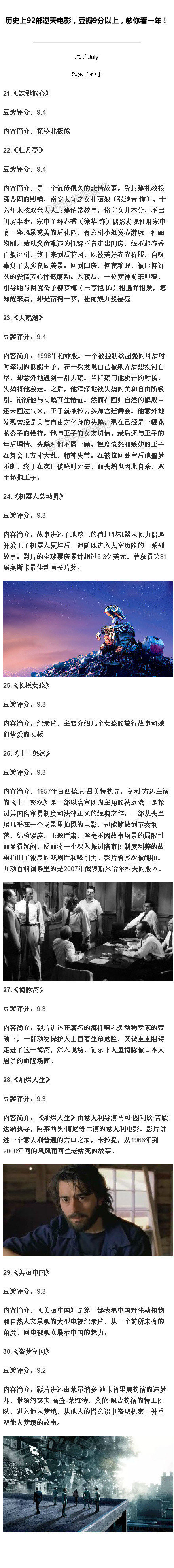 【历史上92部逆天电影，豆瓣9分以上，够你看一年！】最近是不是又闹剧荒？还是烂剧看多了想洗眼？如果是，专门为你准备的，豆瓣9分以上的92部电影珍藏版来了！ via：我的失眠读物