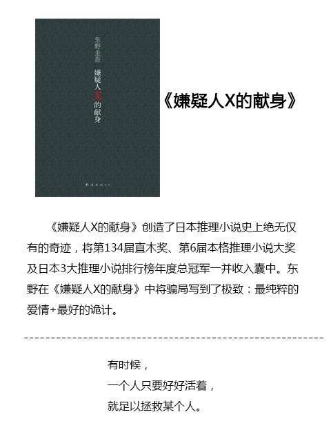 东野圭吾：最好的诡计，无懈可击的推理。这些书能让你一口气读完，欲罢不能！