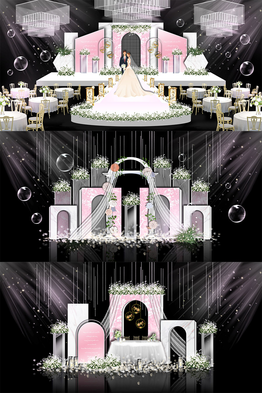 粉色浪漫大理石婚礼舞台签到迎宾区效果图psd模板设计素材