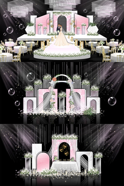 粉色浪漫大理石婚礼舞台签到迎宾区效果图psd模板设计素材