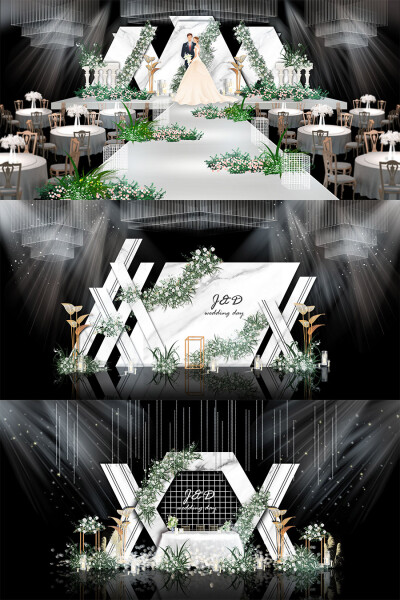 白色轻奢大理石婚礼舞台签到迎宾区效果图psd模板设计素材
