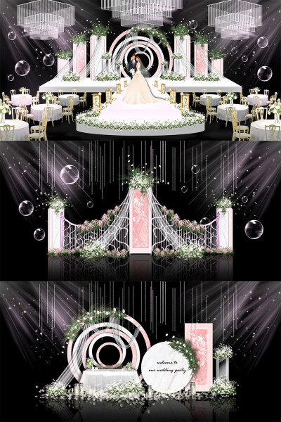 浪漫粉色大理石婚礼舞台签到迎宾区效果图psd模板设计素材