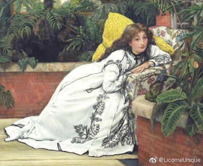 迪索(James Tissot)画中世界的白裙女子。
梵高曾说，迪索的作品饱含人性光辉，这也是使他变得伟大、永恒的原因。
在迪索的画里，每个人都是那个浮华年代里最经典的缩影——仿佛世间没什么伟大需要歌颂，唯有快乐值…