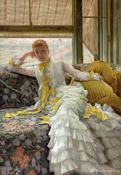 迪索(James Tissot)画中世界的白裙女子。
梵高曾说，迪索的作品饱含人性光辉，这也是使他变得伟大、永恒的原因。
在迪索的画里，每个人都是那个浮华年代里最经典的缩影——仿佛世间没什么伟大需要歌颂，唯有快乐值…