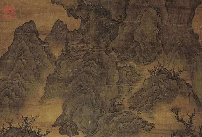 《关山行旅图》以一条河从左向右斜下而流，将画面分割成“Z”字形，兼顾高远法与平远法。河右边是起伏的山峦，以高远法向上画出巨峰，突兀高耸，形如卷云，这是关陇山川的特色；山间树木，均是空枝无叶或有枝无干。[8]
共5张
关山行旅图
《关山行旅图》中最引人注目的是画面上部的一座大山，这座山峰几乎占据了画面三分之一的面积。山顶外轮廓是以粗壮弯曲的弧线，向左右扩展，然后逐渐向内收缩，使巨大的山头，有一种向左倾斜的危险；接着又渐渐向外延伸成八字形，这样山势显得更加奇险。在这座巨峰左边，有两座尖尖的小峰，与先前那座巨峰相比，形成鲜明的对比。但这两座小峰在视觉上却能给人一种向上的张力，似乎在抵御旁边巨大山头的坠落。山腰云烟缥缈，山间楼观隐现，造成一种玄妙之境，令人神往。[8]
画面中部，烟云深处流出溪水，从左上至右下贯串整个画面，形成一种对角线构图。溪岸边是一条从山上蜿蜒而下的山路，一行人马正在山路上行走。一座小桥横跨溪上，桥上也正有行人经过，作者用笔巧妙，通过一座小桥使得全画气脉相通，克制了生硬而使画面变得柔和。溪水两岸坡脚呈犬牙形，交错呼应，使画面更显出了真实生动，富有活力。[8]
技法
用笔简劲