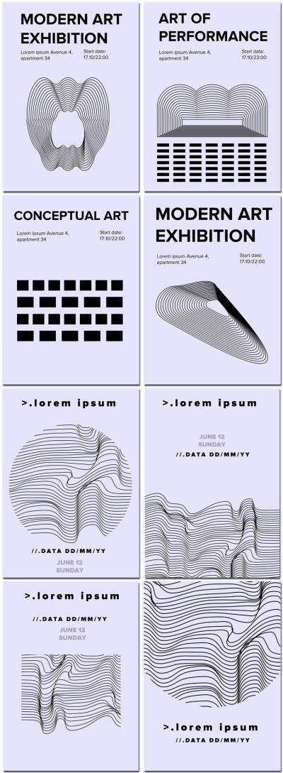 手绘几何图形曲线波浪线条空间感抽象艺术海报矢量模板素材设计