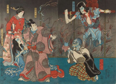 歌川国芳《The actors Ichikawa Kodanji IV as the ghost of Kozakura Tōgō...》，木版彩印，1851年