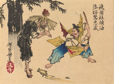 月冈芳年《Tadamori surprises the oil monk before the Gion Shrine》，木版彩印，1882年