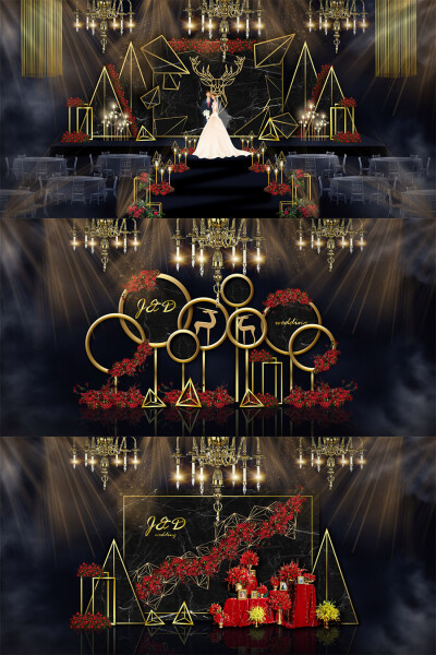 黑金大理石婚礼舞台签到迎宾区效果图psd模板设计素材