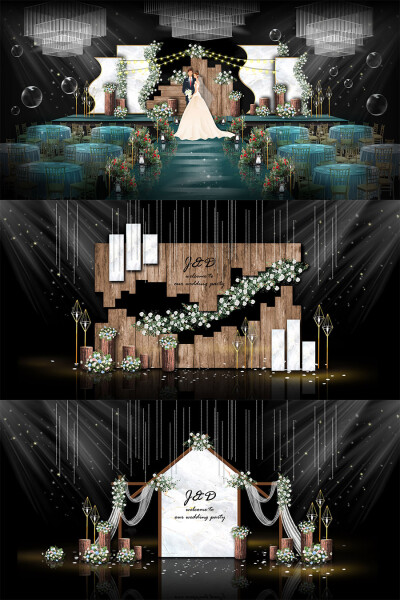 大理石森系墨绿婚礼舞台签到迎宾区效果图psd模板设计素材