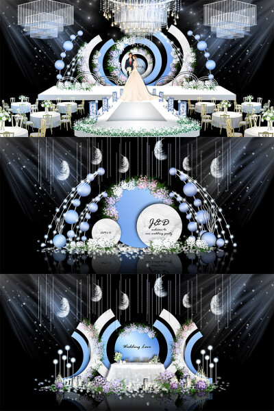 蓝色大理石花艺婚礼舞台签到迎宾区效果图psd模板设计素材