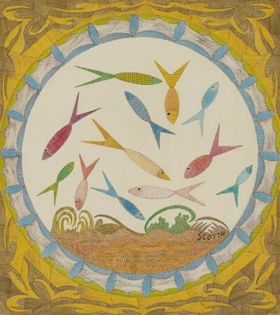 斯科蒂·威尔逊（Scottie Wilson）《Fish Fantasy》，37×34cm，1950年