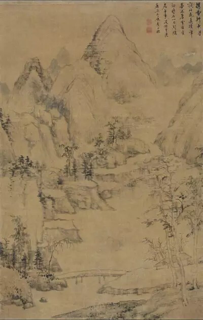 查士标 仿董北苑山水图
绫本，纵67厘米，横42.7厘米。1676年。
释文：携雪轩中得观北苑真迹，笔墨深厚，云峦变幻，时在心目间。楼居无事，漫拟其意。康熙丙辰夏。士标。
钤印：二瞻、士标之印（白）。
