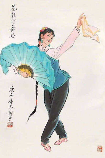 女子跳舞，扇子国画