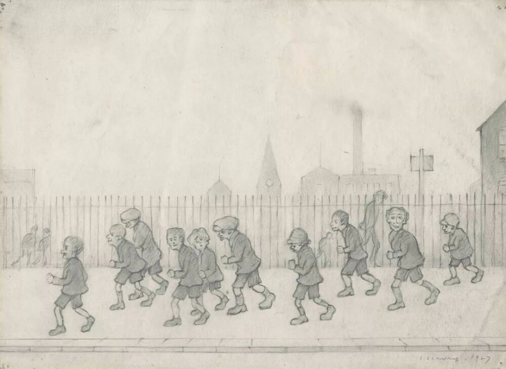 L.S.洛瑞《Children Running in Front of A Fence》，铅笔画，26.2×36cm，1927年 